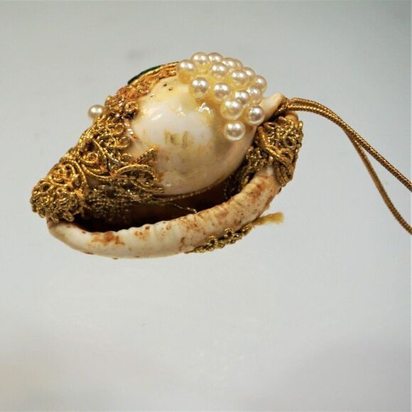 Vintage Christmas Ornament Seashell Beaded Mica Ribbon UNIQUE - Picture 5 of 8
